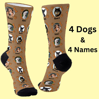 4 Dog Photos & 4 Names + Bones & Paw Prints Brown  Socken