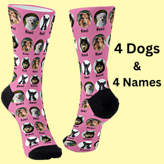 4 Dogs, 4 Names, Dog Photo - Personalized Pink  Socken