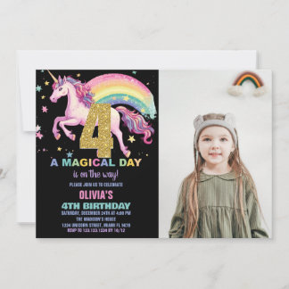 4. Einhorn Geburtstag Einladungen Schwarz mit Foto