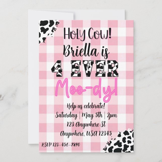 4 Ever Moody Cow Fourth Birthday Invitation Einladung (Vorderseite)