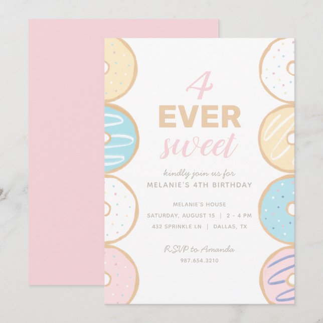 4 Ever Sweet Pastel Donut Invitation de fête d'ann (Devant / Derrière)