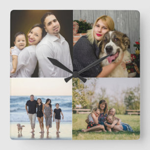 4 Familienfoto-Collage individuell Quadratische Wanduhr