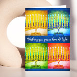 4 Farbenfrohe Hanukka Menorahs Liebe Leichte Chic Feiertagskarte<br><div class="desc">"Wir wünschen Ihnen Ruhe, Liebe und Licht. Happy Hanukkah!" Ein nahes Foto mit 4 bunten künstlerischen Menorahs in den Farben von Hanukkah lädt zum Verweilen ein. Genießen Sie die Wärme und Freude der Urlaubssaison, wenn Sie diese atemberaubende, farbenfrohe Hanukkah Grußkarte schicken. Passende Umschläge, Aufkleber, Briefmarke, Totensäcke, Serviertablette und andere Produkte...</div>