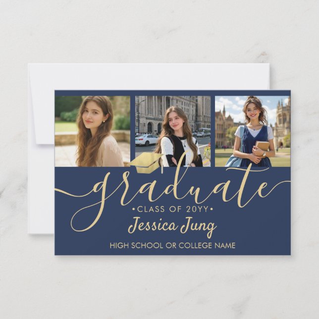 4-Foto-Abschluss-Collage-Script Navyblau und Gold Dankeskarte (Vorderseite)
