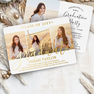 4 Foto Absolventenparty Elegant Weiß und Gold Folieneinladung