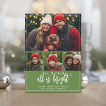 4 Foto All ist ruhig Bright Script Grün Weihnachte Feiertagskarte<br><div class="desc">Ein horizontales Foto und 3 quadratische Fotos - Eine großartige Sofortdownloade mit allen Fotos und Grüßen auf einer Seite. Verwenden Sie vier Fotos und machen Sie einen einzigartigen und trendigen Frohen Weihnachtsgrüßen mit einem grünen und blauen Zickzack Streifen auf der Rückseite. Wenn Sie etwas bewegen möchten, klicken Sie auf die...</div>