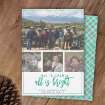4 Foto - Alles ist Calm Bright - Aquamarine Weihna Feiertagskarte<br><div class="desc">Verwenden Sie vier Fotos und machen Sie einen einzigartigen und trendigen Frohen Weihnachtsgrüßen mit einem fröhlichen und fröhlichen Bonbonstreifen karierten Muster auf der Rückseite. Wenn Sie etwas bewegen möchten,  klicken Sie auf die Schaltfläche Anpassen,  um Änderungen vorzunehmen.</div>