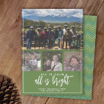 4 Foto - Alles ist Calm Bright Green Blue Feiertagskarte<br><div class="desc">Ein horizontales Foto und 3 quadratische Foto - Verwenden Sie vier Fotos und machen Sie einen einzigartigen und trendigen Frohen Weihnachtsgrün mit einem grün und blau Zickzack Streifen Muster auf der Rückseite. Wenn Sie etwas bewegen möchten,  klicken Sie auf die Schaltfläche Anpassen,  um Änderungen vorzunehmen.</div>