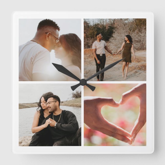 4 Foto Benutzerdefinierte Collage Personalisiert Quadratische Wanduhr (Vorderseite)