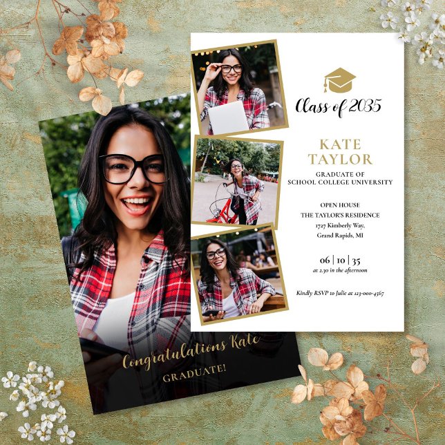 4 Foto Black and Gold Graduation Party Einladung (4 Photo Black And Gold Graduation Party Invitation)