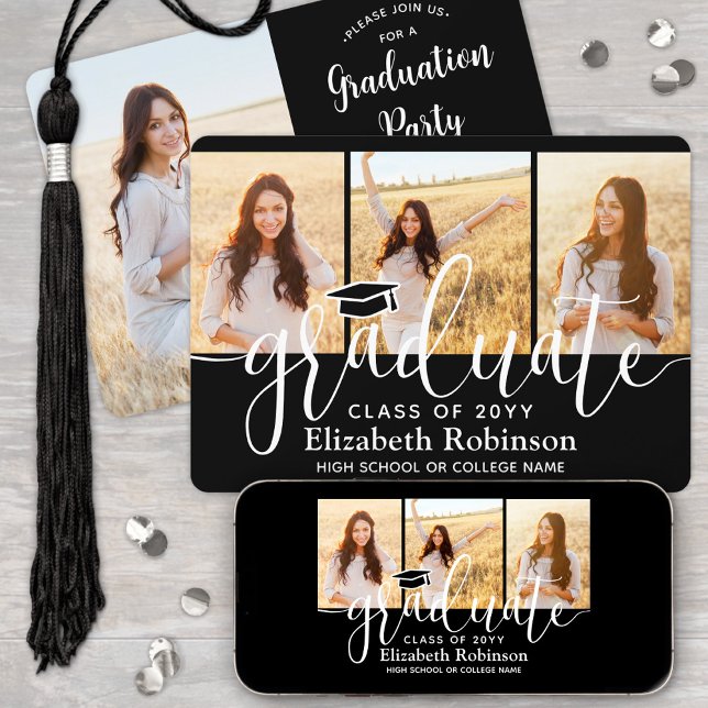 4 Foto Black and White Script Graduation Party Einladung (Von Creator hochgeladen)
