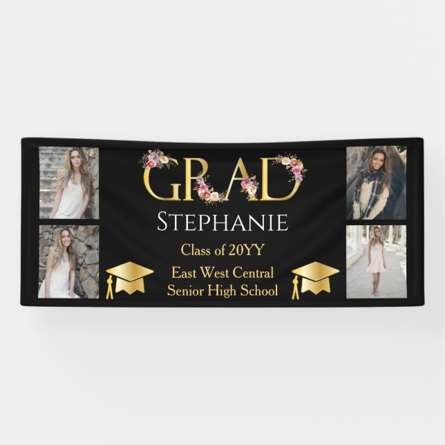 4 Foto Black Gold Floral GRAMM Namensschule Banner (Horizontal)