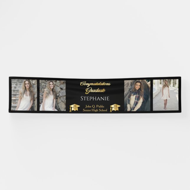 4 Foto Black Gold Glückwunsch Graduate Name School Banner (Horizontal)