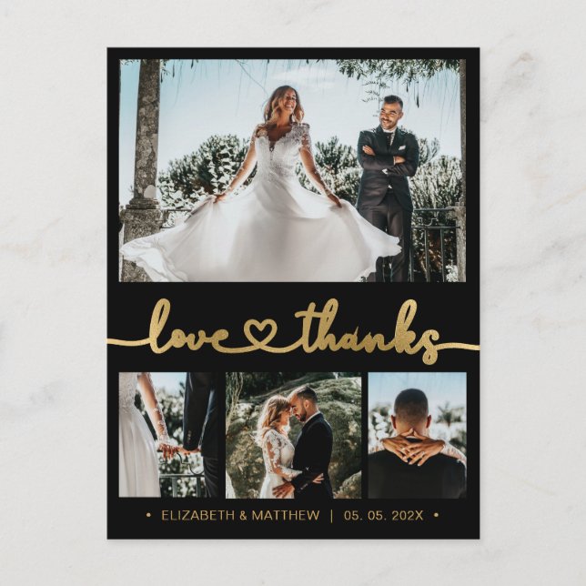 4 Foto Black Gold Hochzeit Vielen Dank Postkarte (Vorderseite)