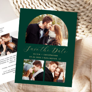 4-Foto-Bogen Smaragdgrün Gold Save-the-Date-Karte Postkarte