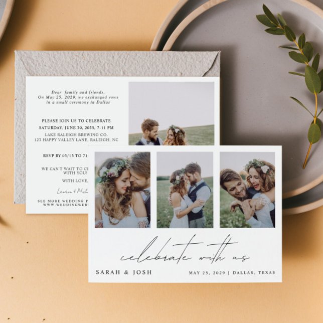 4 Foto Celebrate bei uns Hochzeitsempfang Ankündigung (Personalize this wedding reception invitation with your photos & personal deets - simple, easy, done)