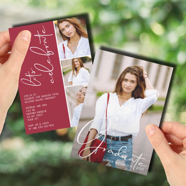 4 Foto Collage Abschluss Crimson Einladung (4 Photo Collage Graduation Crimson Invitations)