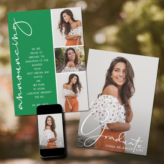4 Foto Collage Abschluss Grün Ankündigung (Green graduation photo announcements)