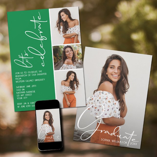 4 Foto Collage Abschluss Grün Einladung (Green graduation party invitations with your favorite photos.)
