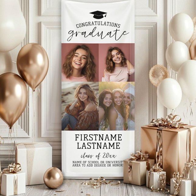 4 Foto Collage Abschluss Moderner Minimaler Weißer Banner (Custom Graduation Photo Banner - Great backdrop and Graduation Party Decoration)