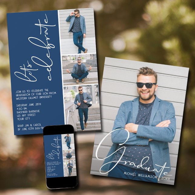 4 Foto Collage Abschluss Navy Blue Einladung (Navy blue 4 photo collage graduation invitations - PRINTED and/or INSTANT DOWNLOAD)