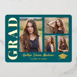 4 Foto Collage Aquamarin & Gold Foil Grad Card Folieneinladung