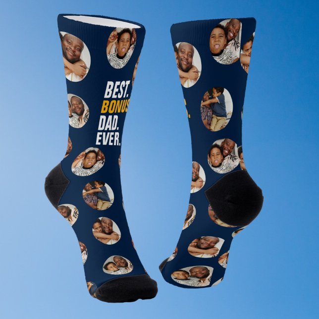 4 Foto Collage Bester Bonus Vater je Socken (4 Photo Collage Best Bonus Dad Ever Socks from Ricaso. Stepdad fathers day gift ideas)