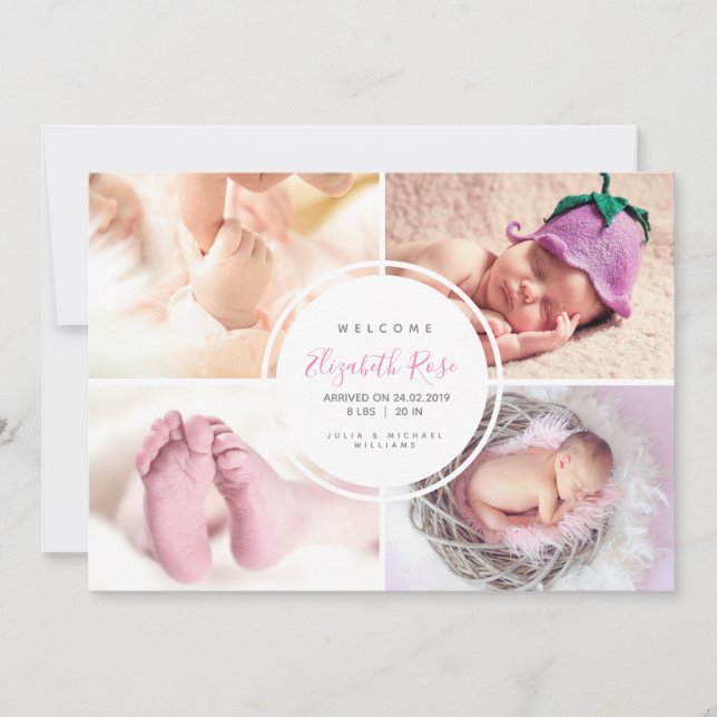 4 Foto Collage Circle Neugeborene Baby Girl Ankündigung (Vorderseite)