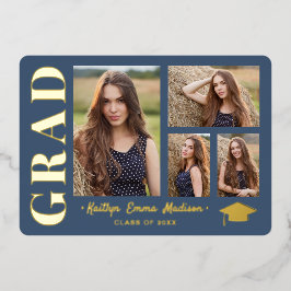 4 Foto Collage Dusty Blue & Gold Foil Grad Card Folieneinladung