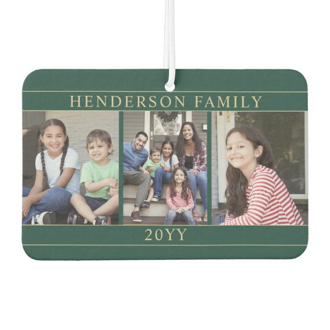4 Foto Collage Familienname Grün und Gold Herz Autolufterfrischer (Vorderseite)
