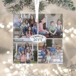 4 Foto Collage Familienname & Jahr Einfach weiß Ornament Aus Glas<br><div class="desc">Feiern Sie mit einem 4-Foto-Kollektiv aus schwarz-weißem Glas die Urlaubsfreuden. Alle Texte und Bilder auf dieser Vorlage sind einfach zu personalisieren. (IMAGE PLACEMENT TIP: Eine einfache Möglichkeit, ein Foto genau so zu zentrieren, wie Sie es gewollt haben, ist es, es einzuschneiden, bevor Sie es auf die Zazzle-Website hochladen.) Das moderne...</div>