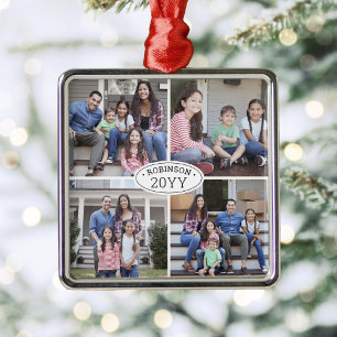 4 Foto Collage Familienname & Jahr Einfach weiß Ornament Aus Metall