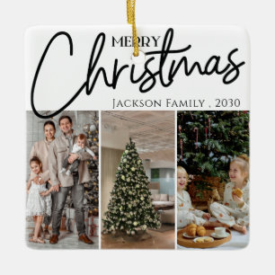 4-Foto-Collage Familienname & Jahr Einfaches Weiß Keramikornament