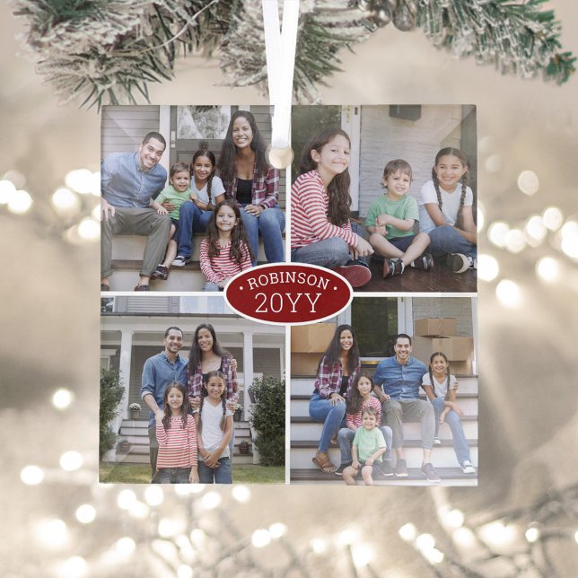 4 Foto Collage Familienname & Jahr Rot & Weiß Ornament Aus Glas (Von Creator hochgeladen)