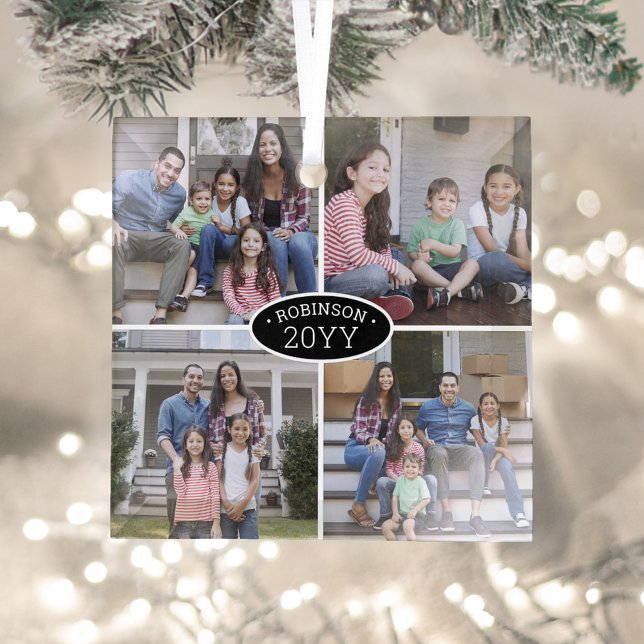 4 Foto Collage Familienname & Jahr Schwarz & Weiß Ornament Aus Glas (Von Creator hochgeladen)