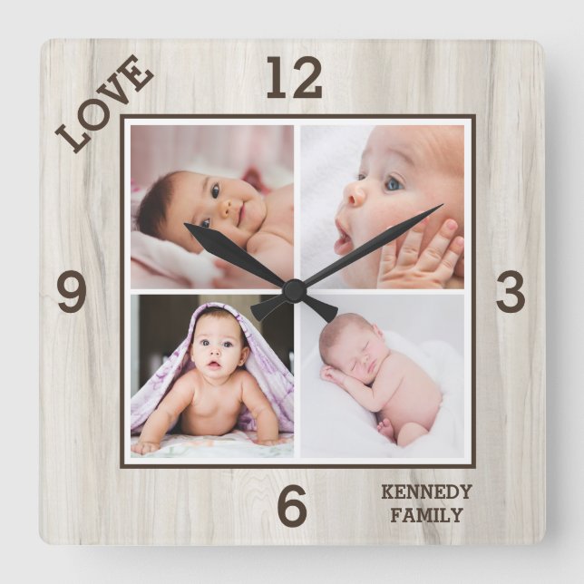 4 Foto Collage Familienname Liebe Naturholz   Quadratische Wanduhr (Vorderseite)