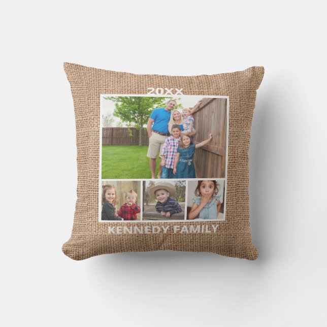  4 Foto Collage Familienname Rustic Burlap Kissen (Vorderseite)