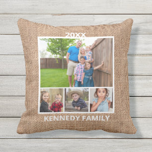  4 Foto Collage Familienname Rustic Burlap Kissen