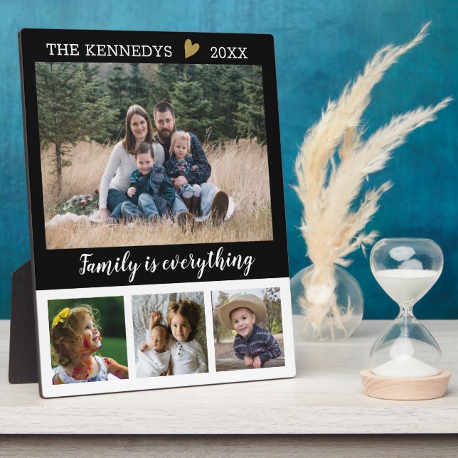 4 Foto Collage Familienname Schwarz-Weiß-Zitat Fotoplatte (Seite)