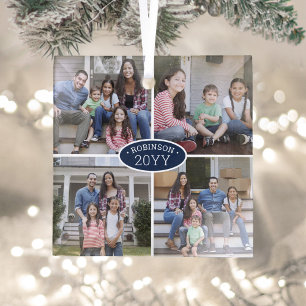 4 Foto Collage Familienname & Year Navy Blue White Ornament Aus Glas