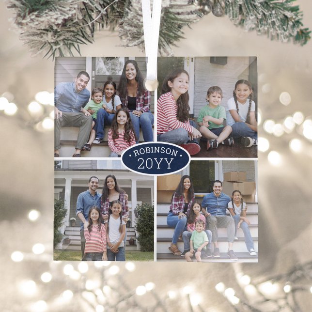 4 Foto Collage Familienname & Year Navy Blue White Ornament Aus Glas (Von Creator hochgeladen)