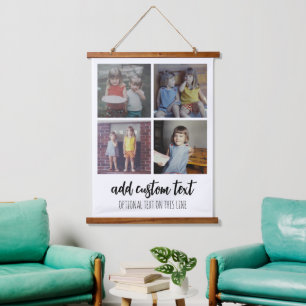 4-Foto-Collage - Familientext unten - Weiß Wandteppich Mit Holzrahmen