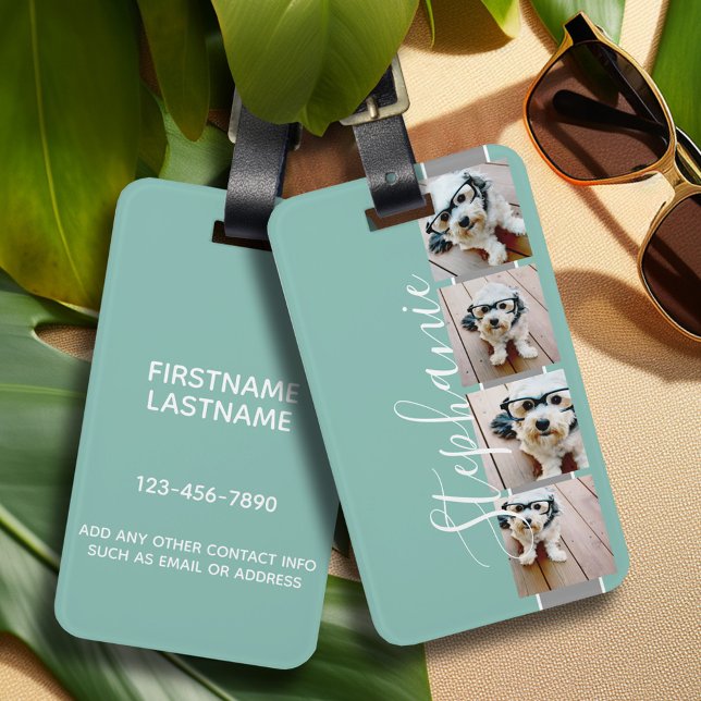 4 Foto Collage Film Strip Name - Aqua grau Gepäckanhänger (Personalized luggage tag with photo collage and monogram - contact info on back)