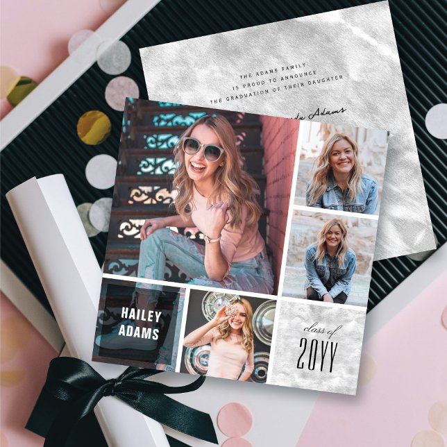 4 Foto Collage Foil Squares Chic Abschluss Card Einladung (4 Photo Collage Silver Foil Squares Chic Graduation Announcement Card @ zazzle.com/color_therapy)