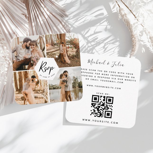 4 Foto Collage Fotografy Wedding RSVP QR Code Begleitkarte (Von Creator hochgeladen)
