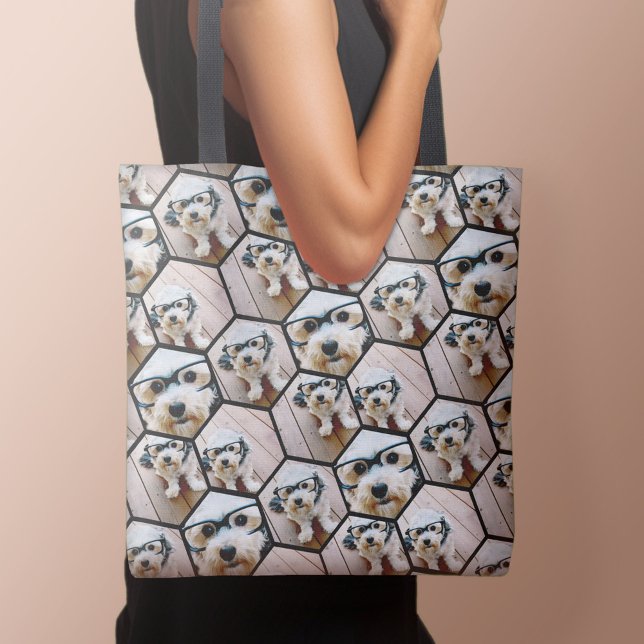 4 Foto Collage - funky hexagon Muster schwarz Tasche (Personalized tote bag with photos)