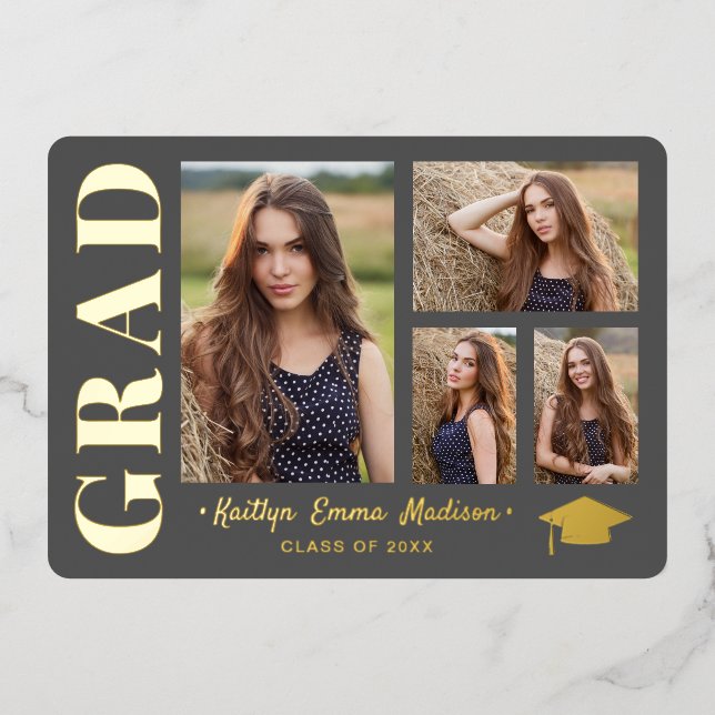 4 Foto Collage Grau & Gold Foil Grad Card Folieneinladung (Vorderseite)
