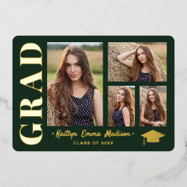4 Foto Collage Green & Gold Foil Grad Card Folieneinladung