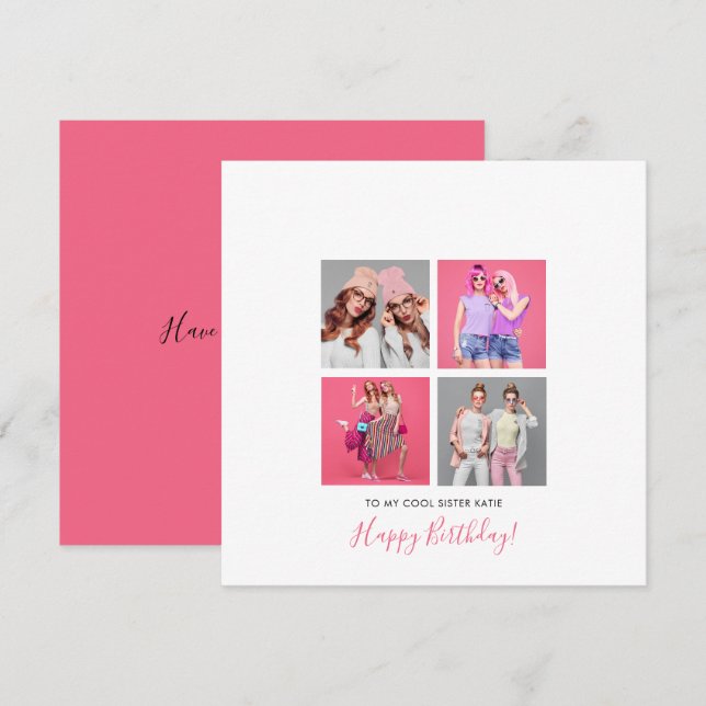 4 Foto Collage Happy Birthday Schwester Name Pink Karte (Vorne/Hinten)