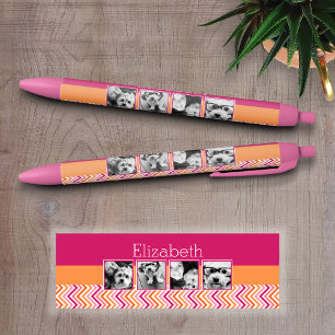 4 Foto-Collage Hot Pink Orange Chevron Kugelschreiber